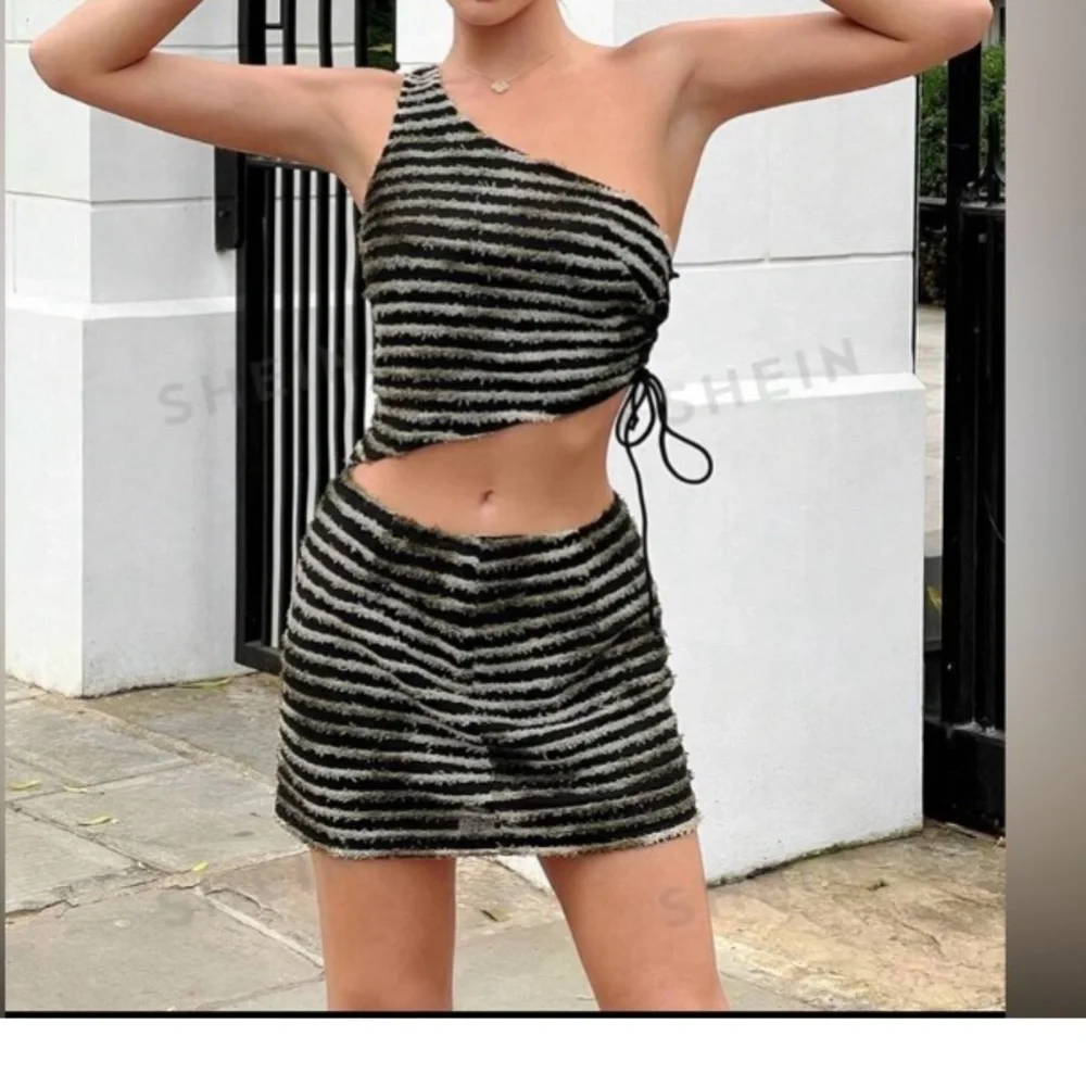 SHEIN ICON Striped One Shoulder Drawstring Side Crop Top & Skirt size M NWT - Picture 6 of 15